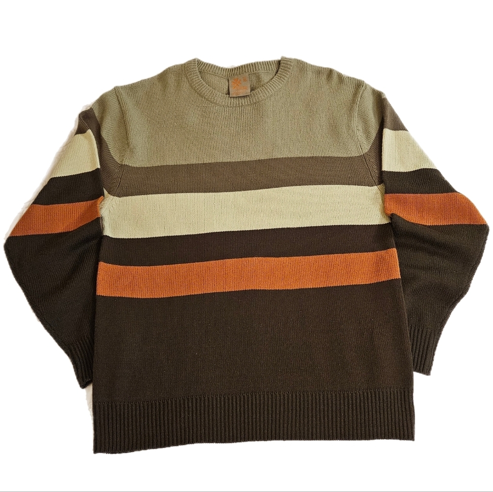 Men's Crewneck Striped Sweater in Olive, Brown & Orange